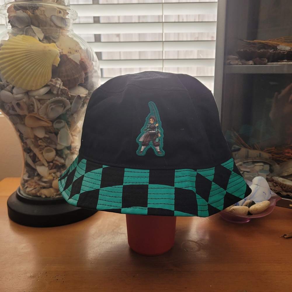 Black & Teal Checker Bucket Hat with Character Patch